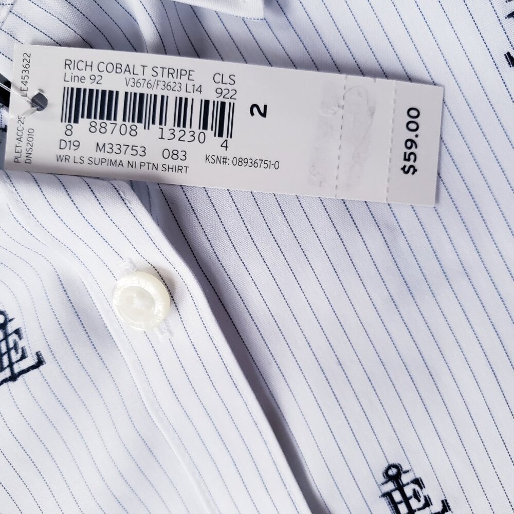 Lands' End Nautical Anchor Logo Non Iron Button Up White Striped Shirt - Picture 7 of 13